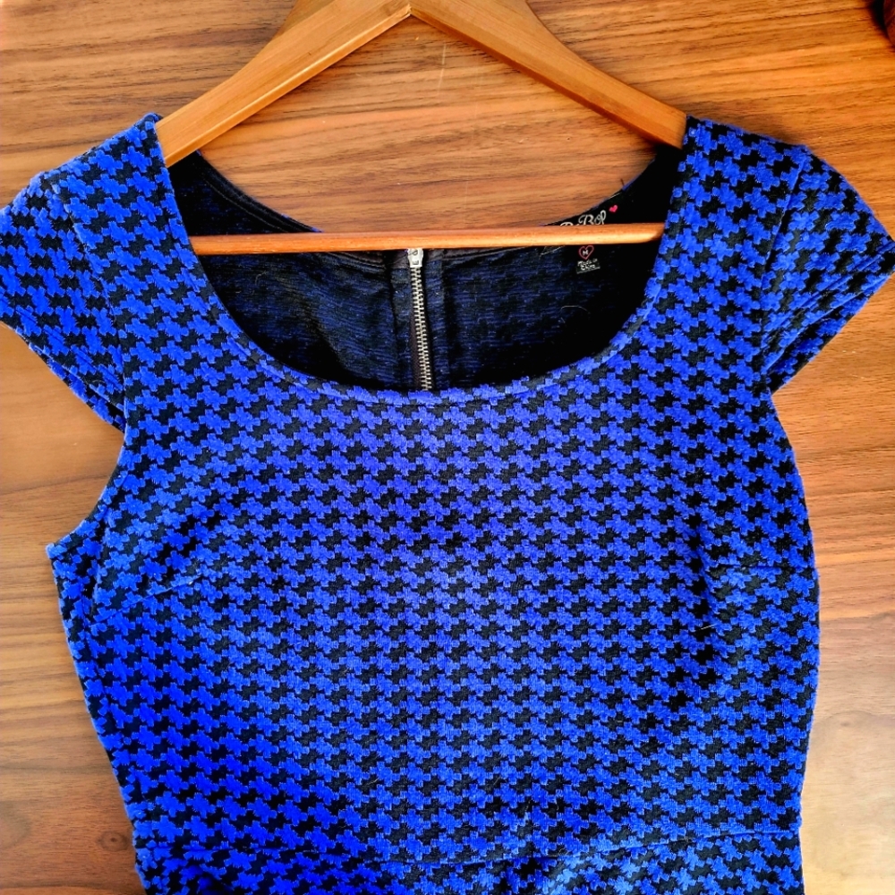 Cobalt Royal Blue & Black Houndstooth Fit & Flare Dress